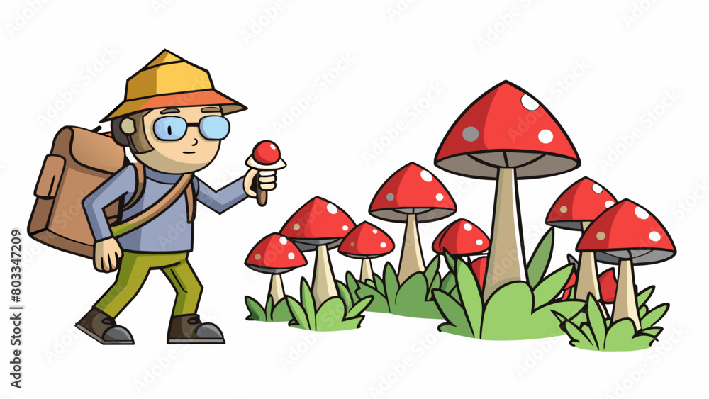 Poster a hiker walking through a forest notices bright red mushrooms along the path. they stop and observe 