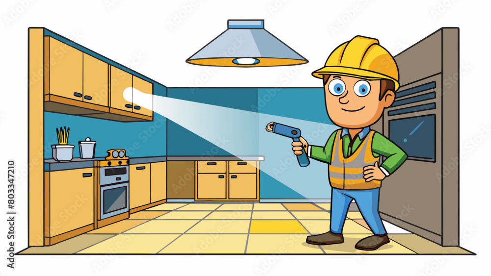 Poster a home inspector stands in a kitchen shining a flashlight into a dark corner of the ceiling to check