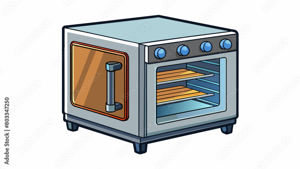 Poster A kitchen appliance resembling a small oven with a glass door and multiple heating options. It has a digital display and controls for setting the. Cartoon Vector
