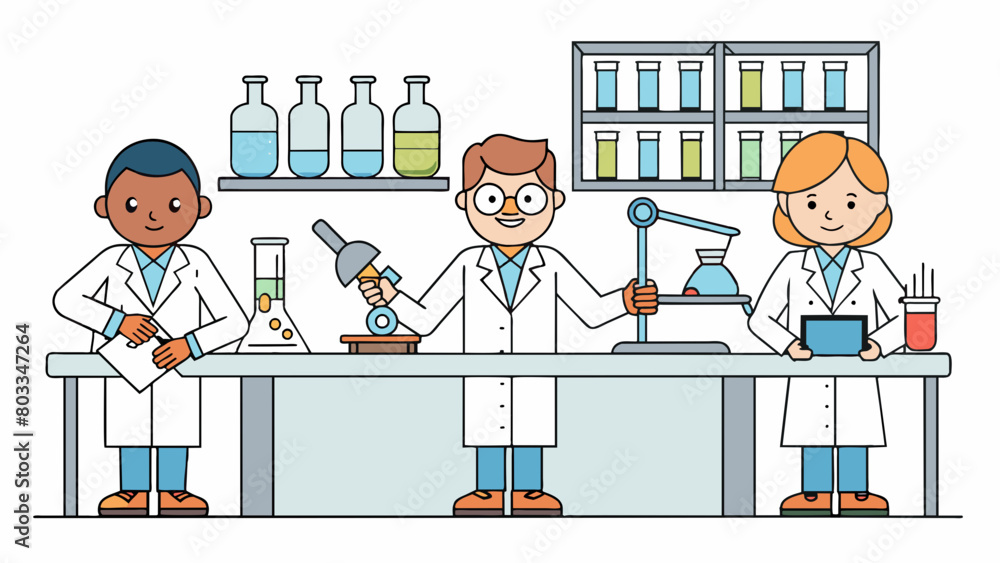 Poster a laboratory with scientists wearing white coats and using microscopes and other specialized equipme