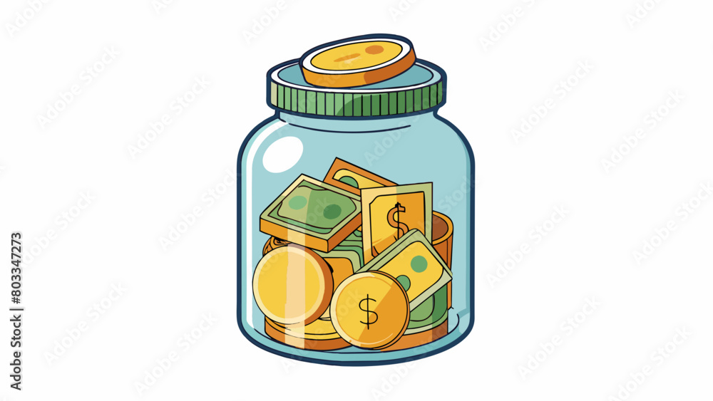 Poster A jar filled with coins and bills representing the contribution of financial support to a charitable cause. Its characteristics include generosity and. Cartoon Vector