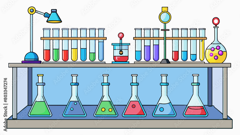 Poster A laboratory filled with rows of shiny beakers and tubes bubbling with colorful liquids as students conduct experiments and make scientific. Cartoon Vector