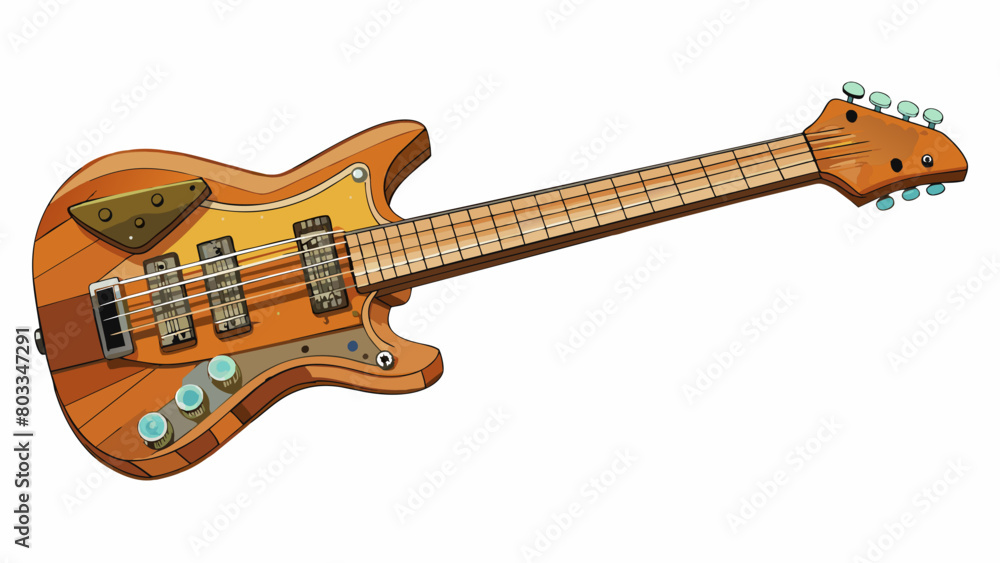 Poster a hybrid guitar with a combination of acoustic and electric features. it has a wooden body and six s