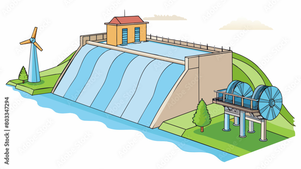 Poster A hydroelectric generator hums quietly in a large dam harnessing the power of a strong river flow. Its main feature is a large spinning turbine that. Cartoon Vector