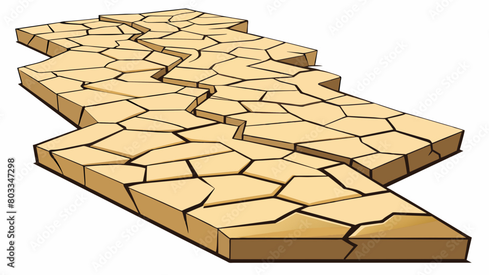 Poster A jagged zigzagging line of cracks stretches across the surface of a driedup lake bed. The cracks are thin and deep showing the effects of intense. Cartoon Vector