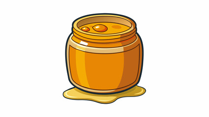 A jar of honey A thick sticky liquid with a golden yellow color. It has a smooth glossy texture and a sweet floral scent. When poured it flows slowly. Cartoon Vector