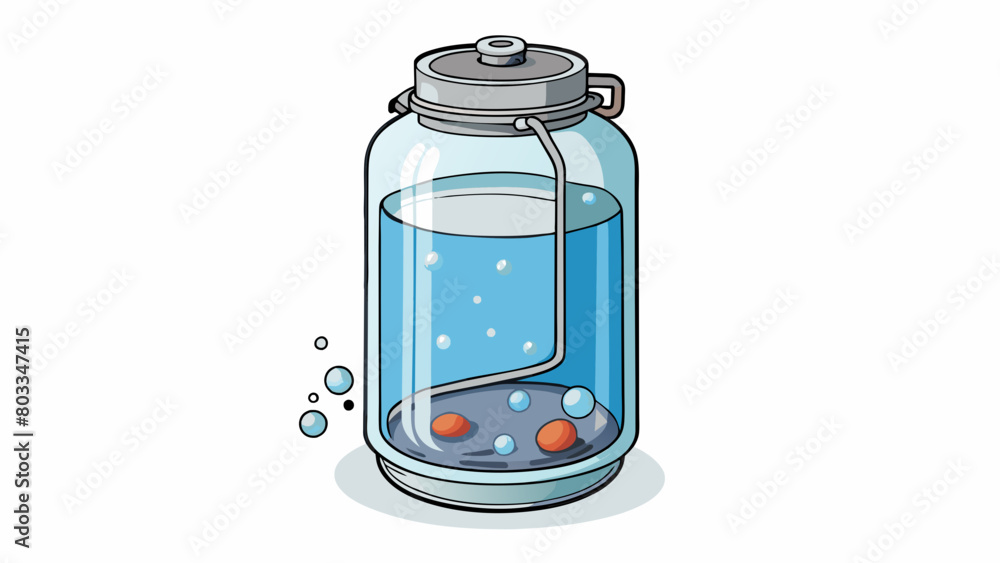 Poster a large glass jar filled with clear liquid and a small piece of metal at the bottom. as the jar is h