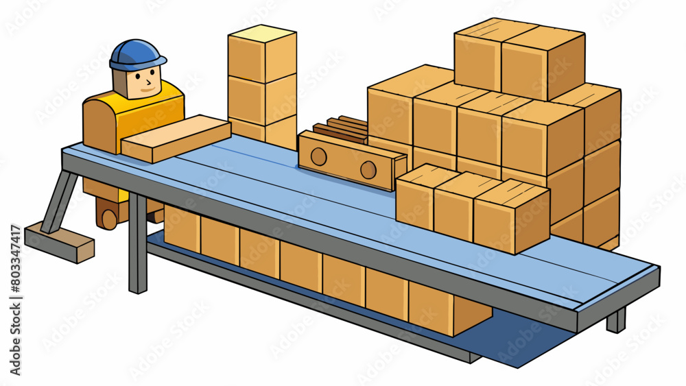 Poster A large machine ting and shaping blocks of wood into identical wooden blocks. The blocks are then stacked onto a shelf where a worker inspects and. Cartoon Vector