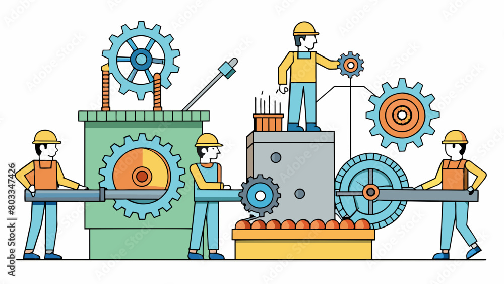 Poster a large industrial machine with spinning gears and moving parts powered by electricity as workers ne