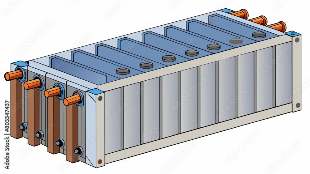 Poster A large rectangular box divided into multiple chambers by thin metal plates. Fluid flows through alternate chambers with one set of chambers carrying. Cartoon Vector