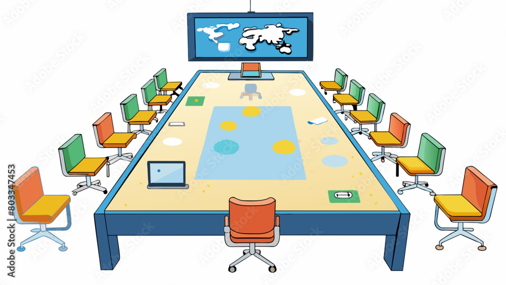 Aufkleber A large table in the middle of the room serves as a collaborative workspace with chairs and stools tered throughout. Above a ceilingmounted projector. Cartoon Vector