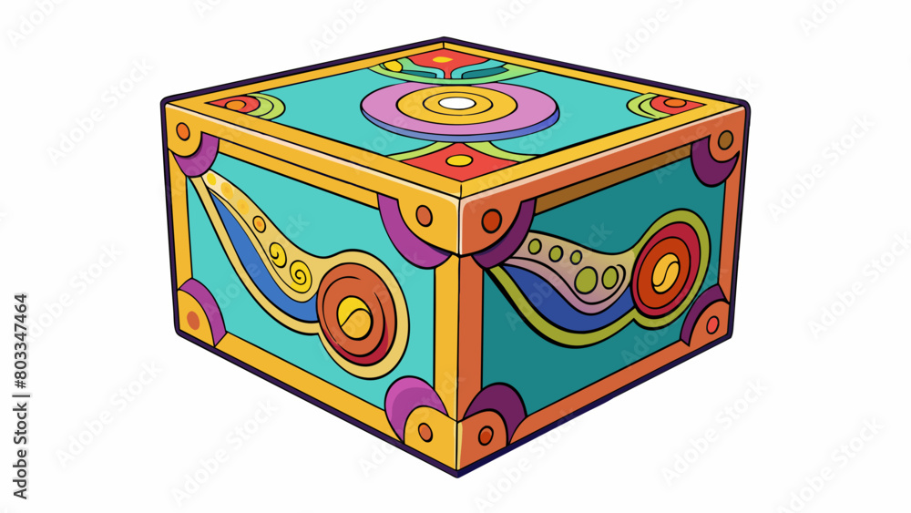 Poster A large square box with a glossy finish and intricate colorful designs adorning its sides.. Cartoon Vector