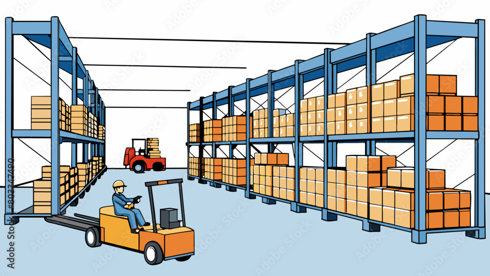 Aufkleber A large temperaturecontrolled warehouse filled with towering rows of metal shelves each holding neatly organized boxes and crates of various products.. Cartoon Vector