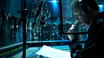 Professional man with microphone in recording studio with blurred background and space for text