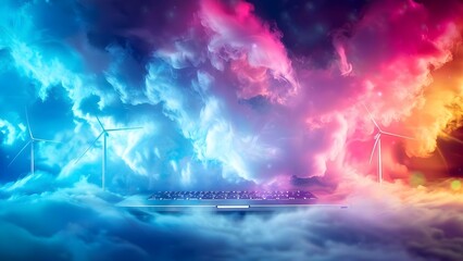 Abstract sky blue laptop with wind turbines and renewable energy generation theme. Concept Renewable Energy, Wind Turbines, Abstract Design, Sky Blue Laptop, Sustainability