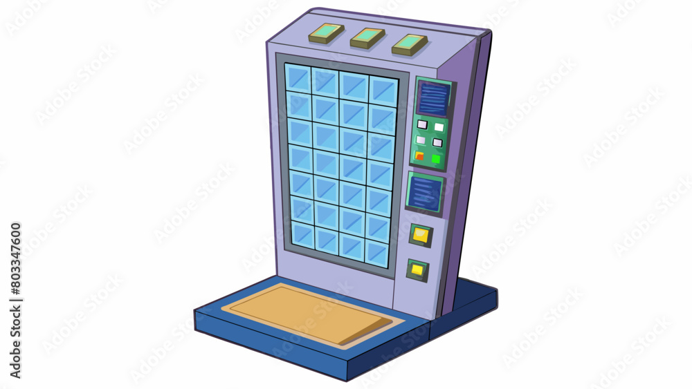 Poster A large vertical panel made of durable plastic with a touch screen display in the center. There are also smaller screens and LED indicators. Cartoon Vector