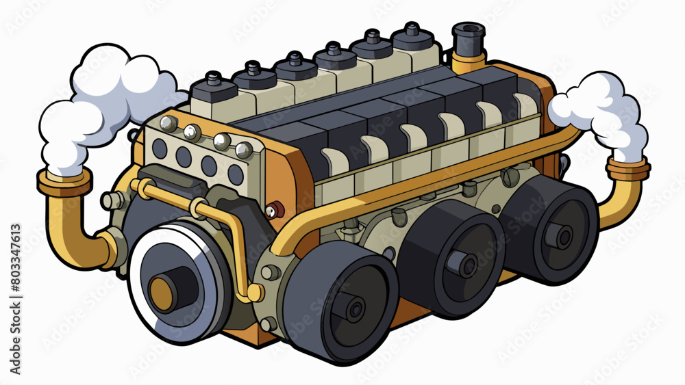 Poster A large powerful engine with a rectangular shape made of durable steel and capable of generating immense energy. It has a complex system of gears and. Cartoon Vector