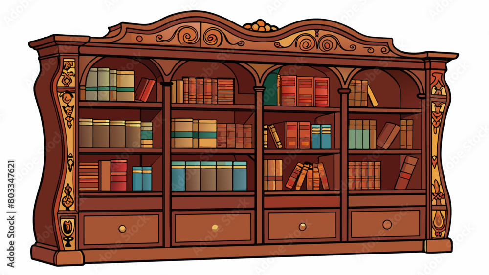 Poster A large wooden bookshelf with sy shelves and intricate carvings along the edges. Its deep mahogany color adds warmth to the room and its ample storage. Cartoon Vector