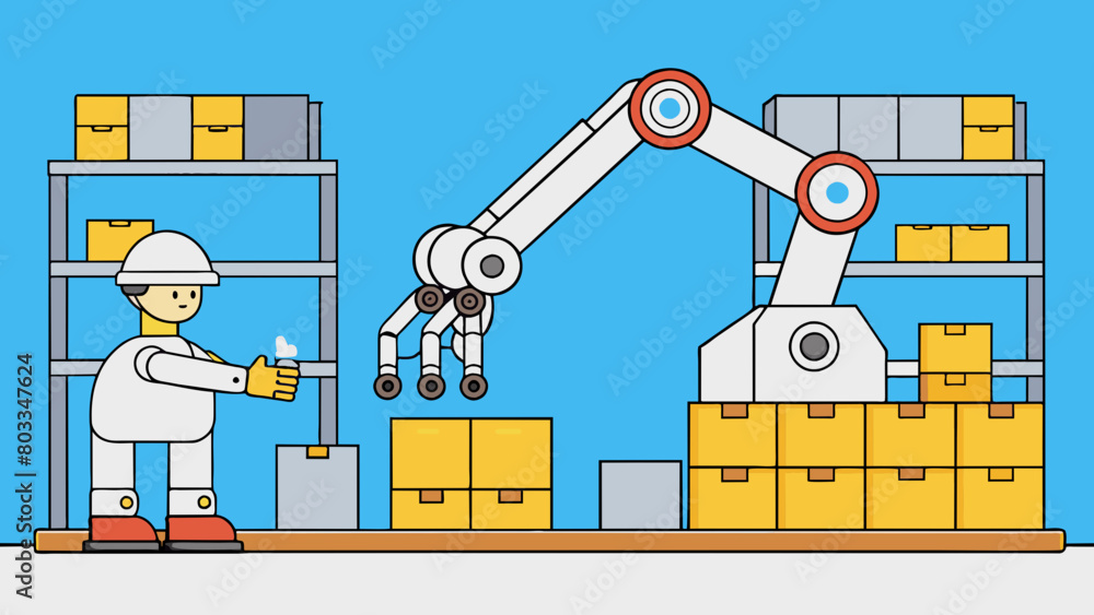 Poster A large white robotic arm with multiple joints and a gripper at the end working tirelessly on a production line in a factory. Its smooth movements and. Cartoon Vector