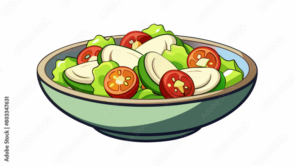 Poster a light and refreshing lunch salad a bed of crisp lettuce is topped with juicy cherry tomatoes thinl