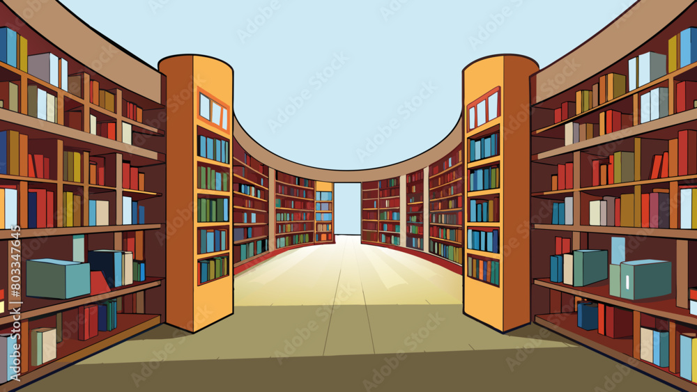 Poster a library is a large quiet room filled with rows of tall wooden shelves. the shelves are lined with 