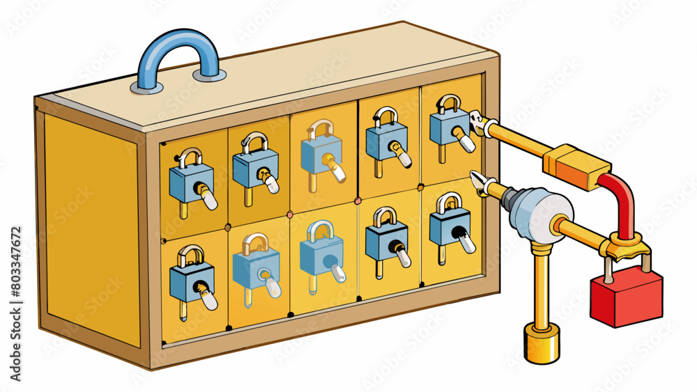Poster A lockout box containing multiple padlocks each belonging to a different worker. This box is p on a valve to prevent its operation while maintenance. Cartoon Vector