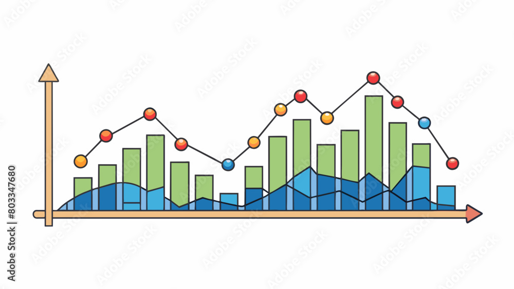 Poster A line graph showing the rise and fall of a stock market over time with highs and lows represented by peaks and valleys on the graph. This illustrates. Cartoon Vector