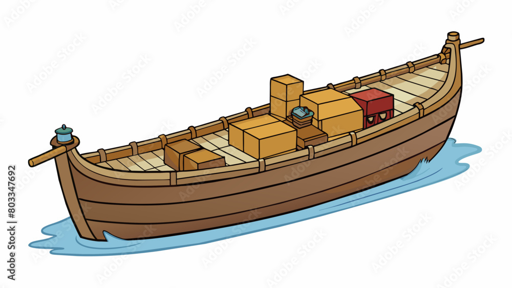 Poster a long and narrow boat made of strong and sy wood able to float on calm waters and move with the for