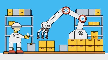 A large white robotic arm with multiple joints and a gripper at the end working tirelessly on a production line in a factory. Its smooth movements and. Cartoon Vector
