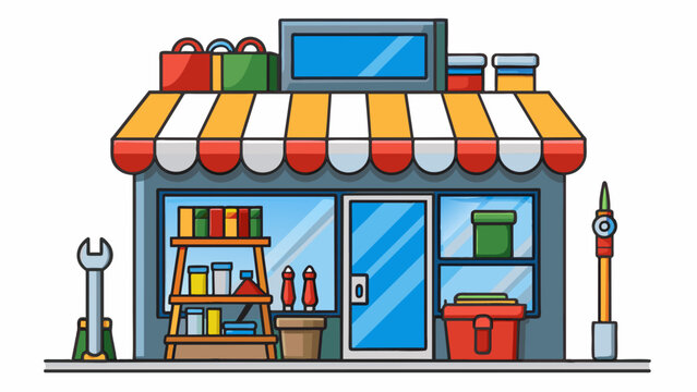 A local hardware store with tall shelves lined with tools paint cans and supplies. The store offers a variety of products for home improvement and. Cartoon Vector