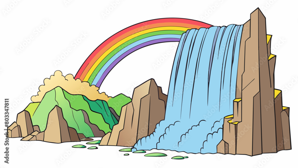 Poster A majestic waterfall cascading down from the jagged cliffs above. The water crashes onto the rocks below creating a mesmerizing symphony of sound. A. Cartoon Vector