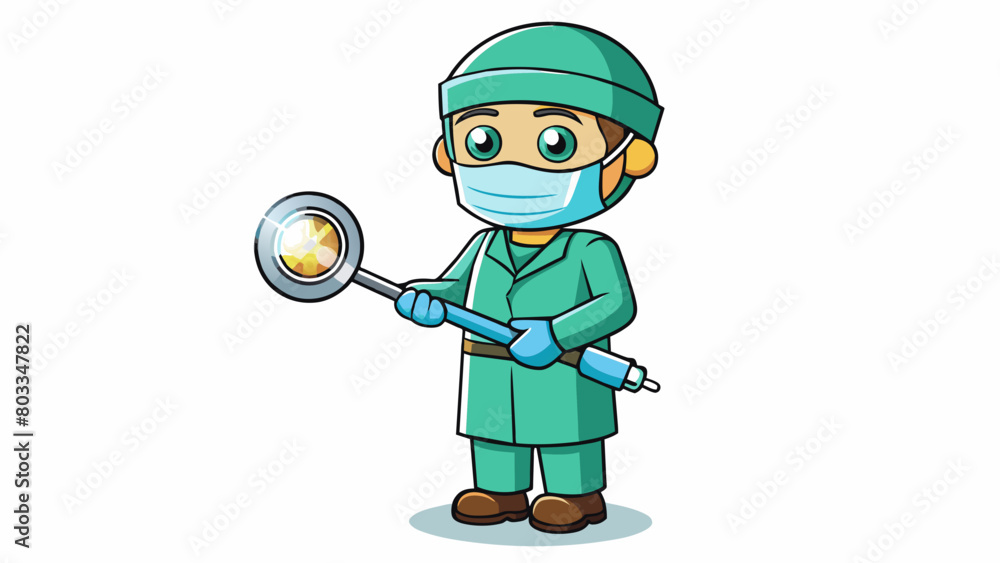 Poster a magnifying light is attached to the top of the surgeons head casting a beam of light onto the oper