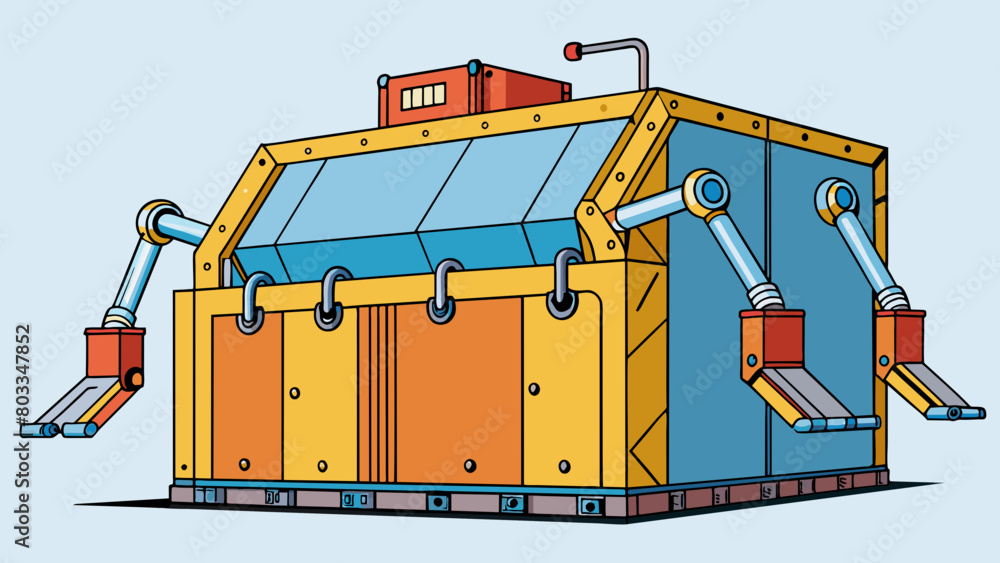 Poster a massive boxshaped structure with a wide opening at the front and a series of powerful hydraulic ar