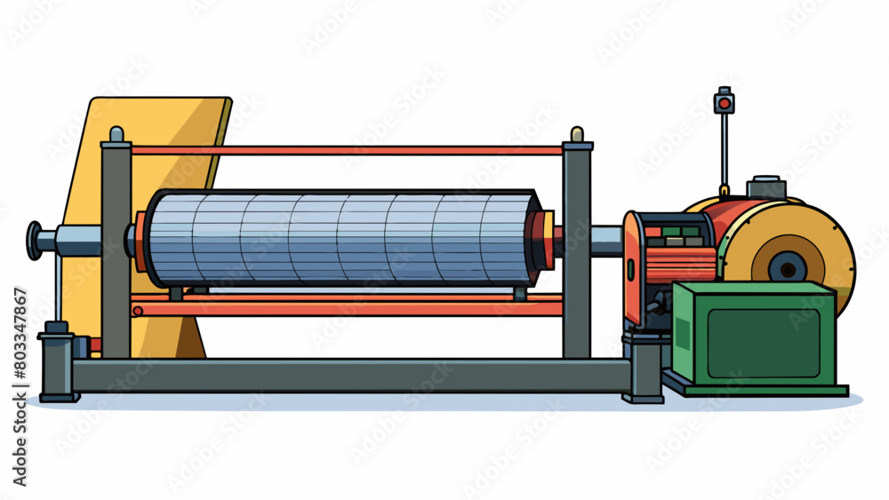 Poster a massive industrial motor with a long horizontal shape is situated next to a large printing press m