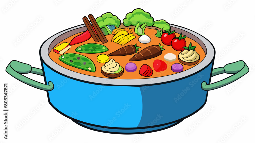 Aufkleber a melting pot filled with different ingredients such as es vegetables and meats can represent a nati