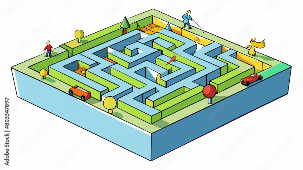 Poster A maze with different paths and obstacles representing the challenges and choices individuals face in their psychological journey towards. Cartoon Vector