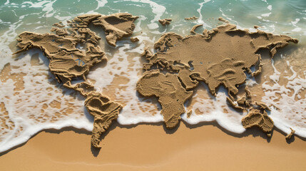 World map made of sand on the beach
