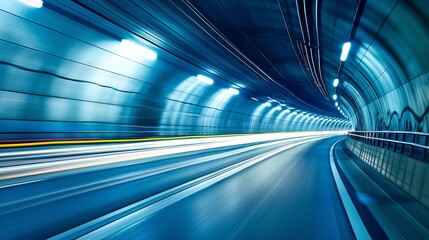 Dynamic Long Exposure Shot in Blue Illuminated Highway Tunnel, Capturing High-Speed Motion