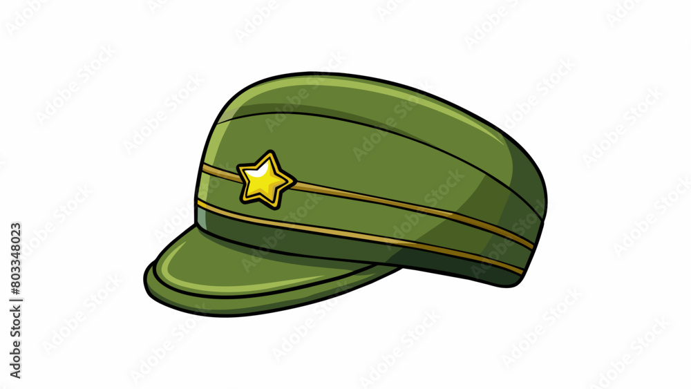 Poster a militarystyle cap with a short visor made of olive green canvas fabric. there is a small metal pin