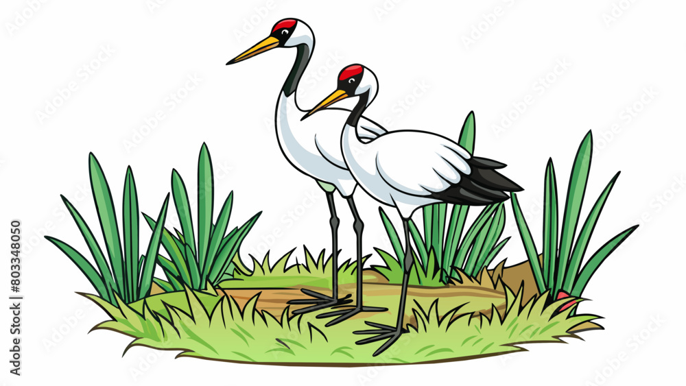 Poster amidst a lush marshland a pair of whooping cranes nested in the tall swaying grass. with their regal