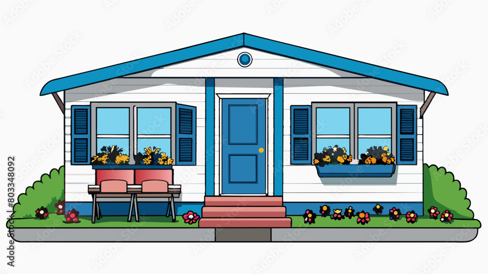 Poster a mobile home in a quiet community with a small porch and a neatly trimmed lawn. the exterior is whi
