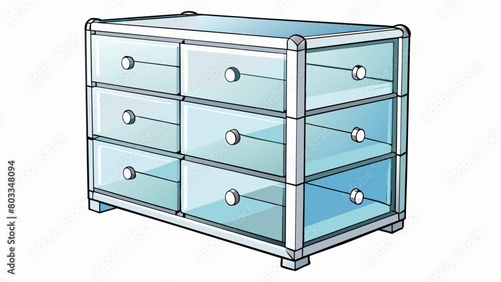 Aufkleber a modern sleek chest made of clear acrylic material. it has multiple drawers each with a chrome hand