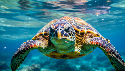 Fototapeta premium A turtle is swimming in the ocean. The turtle is looking at the camera. The water is clear and blue