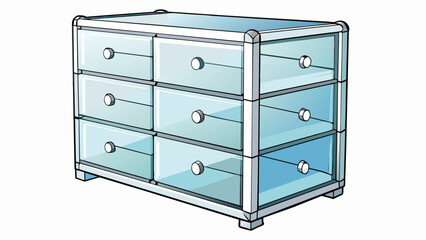 A modern sleek chest made of clear acrylic material. It has multiple drawers each with a chrome handle and a transparent frosted finish. The drawers. Cartoon Vector