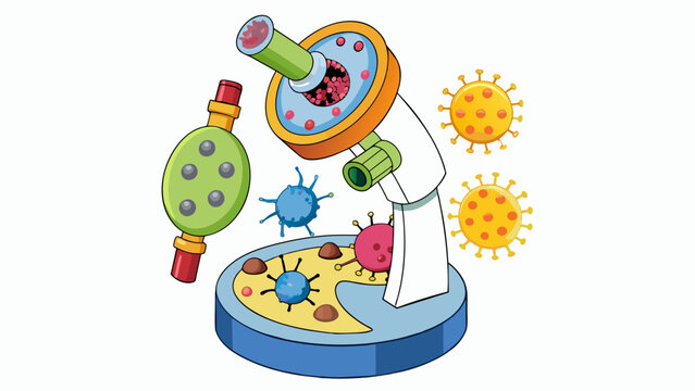 A microscope view of tiny organisms showcasing their intricate structures and functions. characteristics microscopic complex living organisms. Cartoon Vector