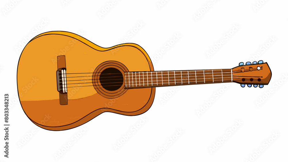 Poster an acoustic guitar with a round sound hole in the center of its wooden body. it has six strings and 
