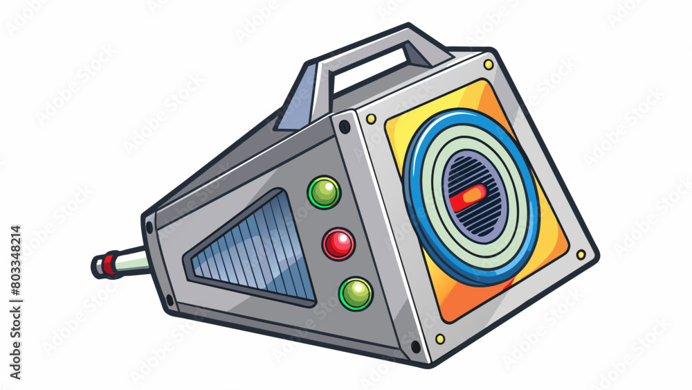 Aufkleber An angular metallic speaker adorned with colorful LED lights that pulse in sync with the music. It has a sy handle on top making it easy to carry. Cartoon Vector