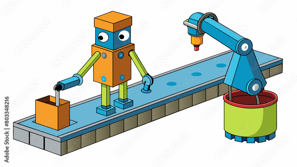 Poster An assembly line robot is designed with a conveyor belt in front of it and has a nozzle attached to one of its arms. It is programmed to move the. Cartoon Vector