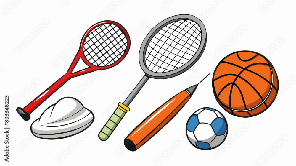 Poster An athletic equipment set consisting of a ball a racket and a net. The ball is made of rubber and has a bouncy texture while the racket is made of. Cartoon Vector