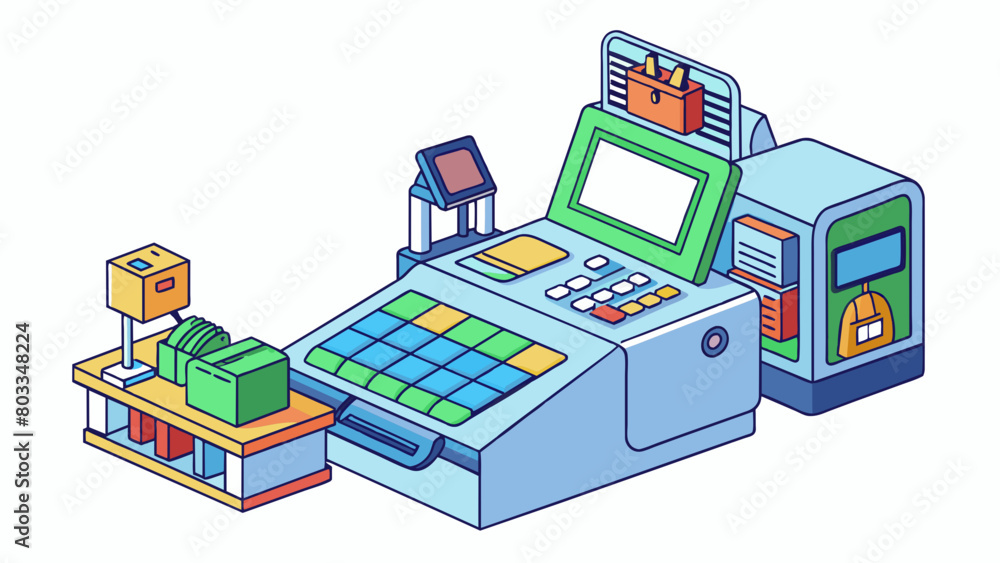Poster An automated checkout system at a grocery store where customers can scan and pay for their items without the need for a cashier. The system uses. Cartoon Vector